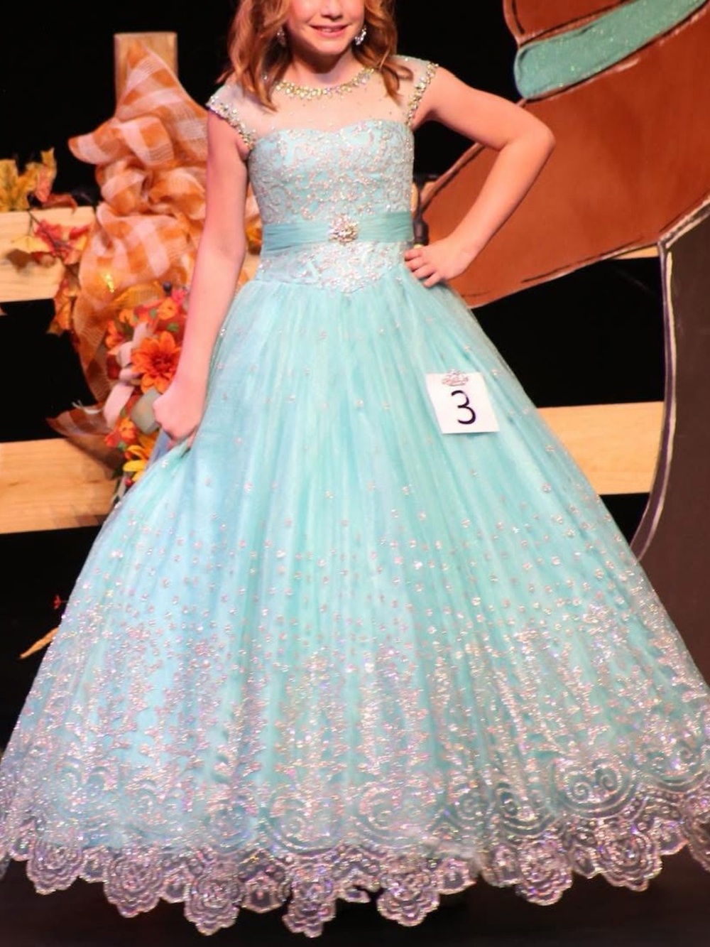 Girls' Teal Ball Gown Dress with Embellished Bodice